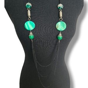 Boho Statement Necklace • Green & Turquoise Beads • Black Chains • Artisan Style